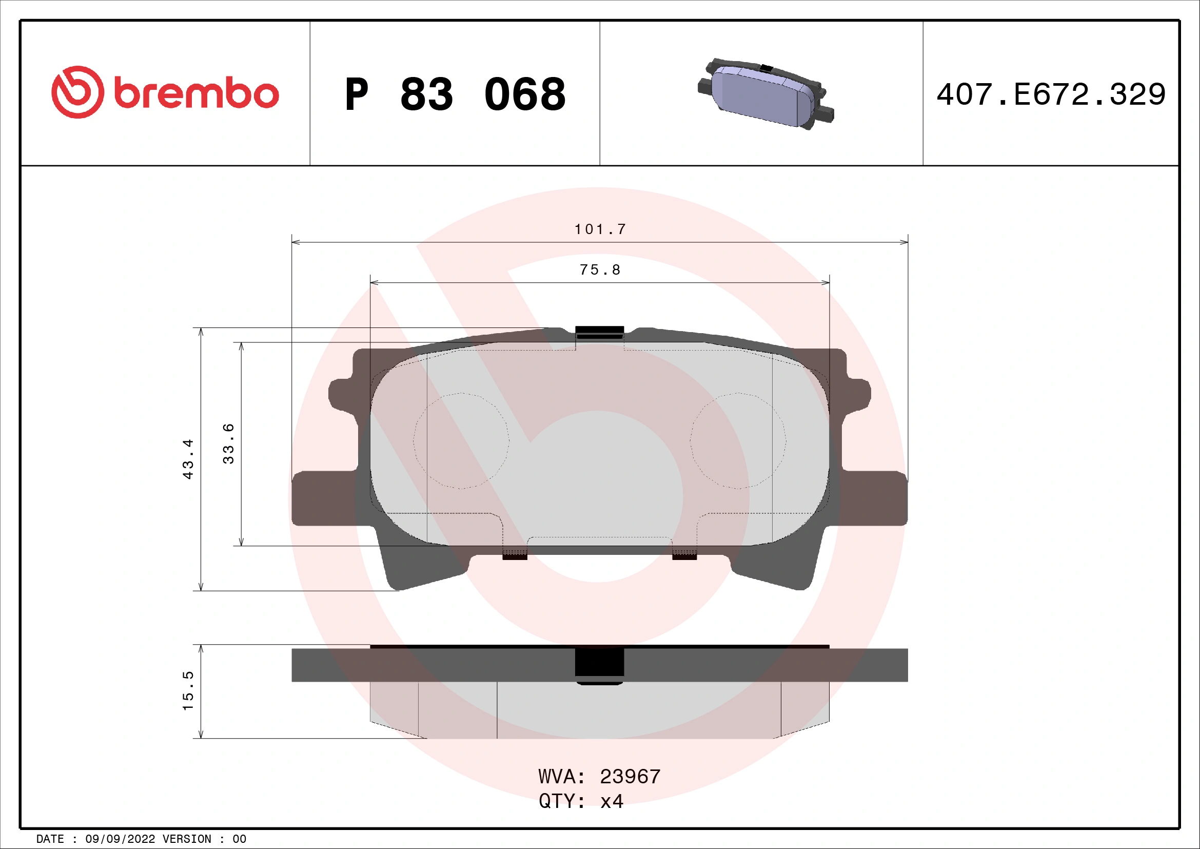 Kit de plaquettes de frein, frein à disque BREMBO P 83 068