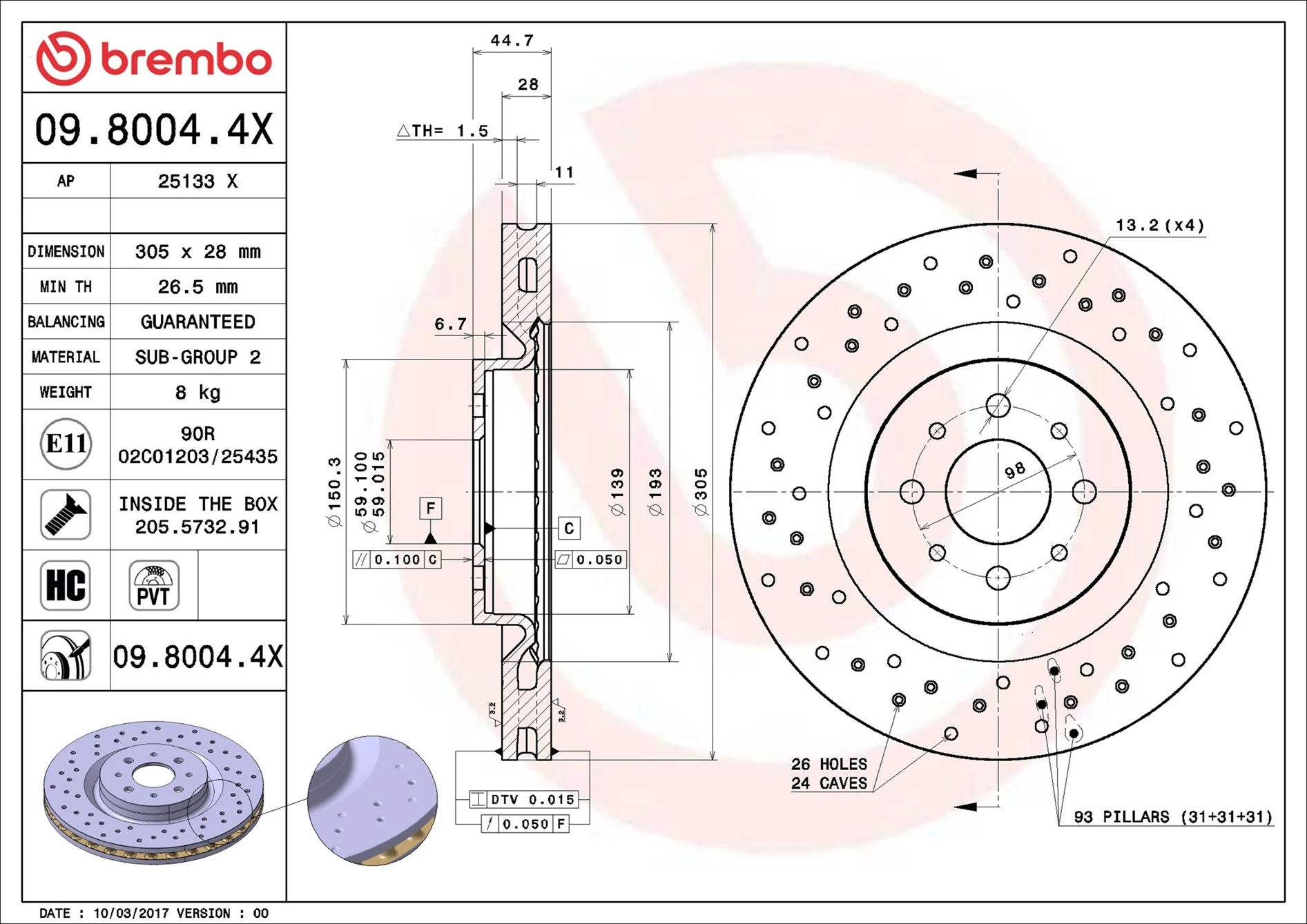Disque de frein BREMBO 09.8004.4X
