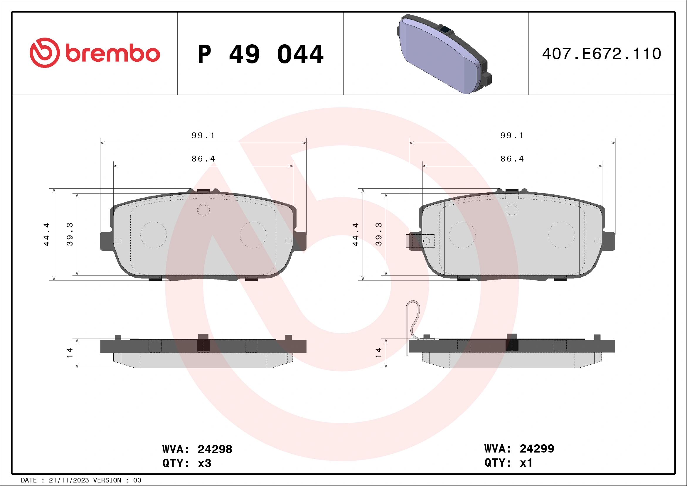Kit de plaquettes de frein, frein à disque BREMBO P 49 044