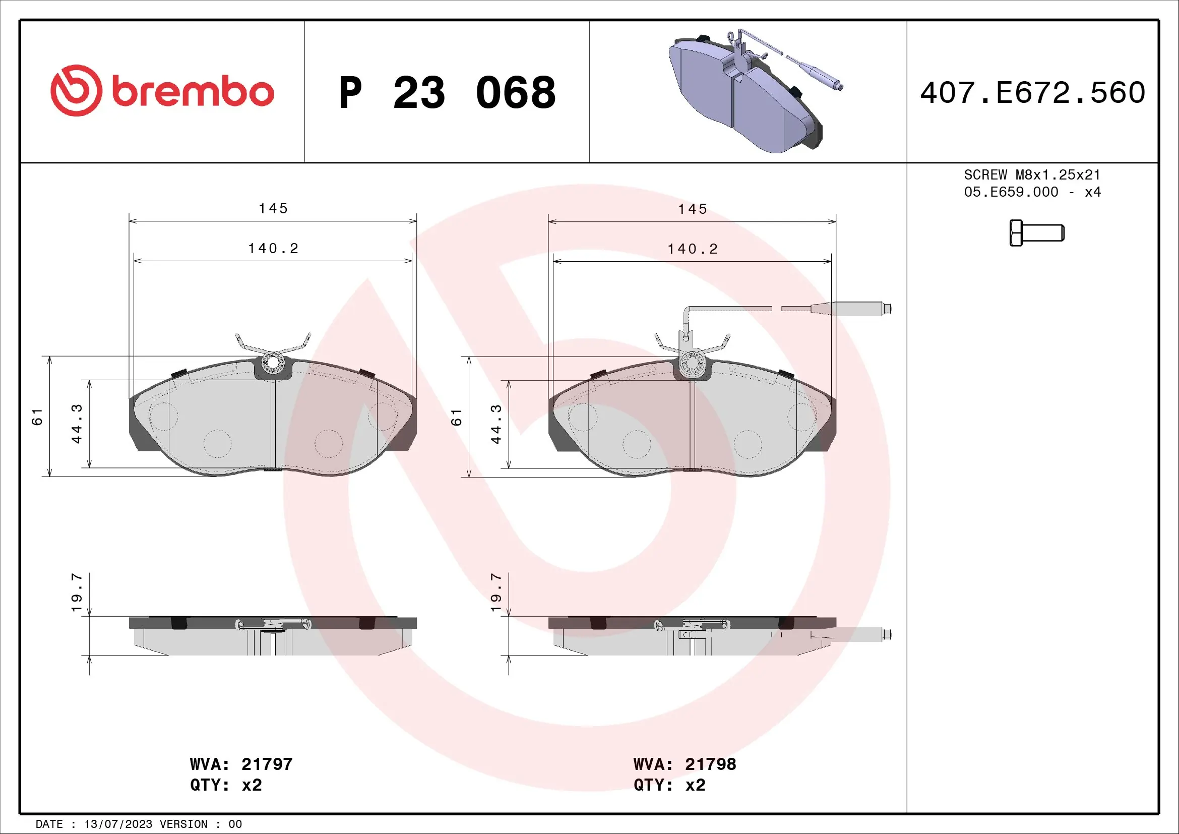Kit de plaquettes de frein, frein à disque BREMBO P 23 068