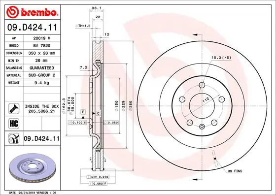 Disque de frein BREMBO 09.D424.11