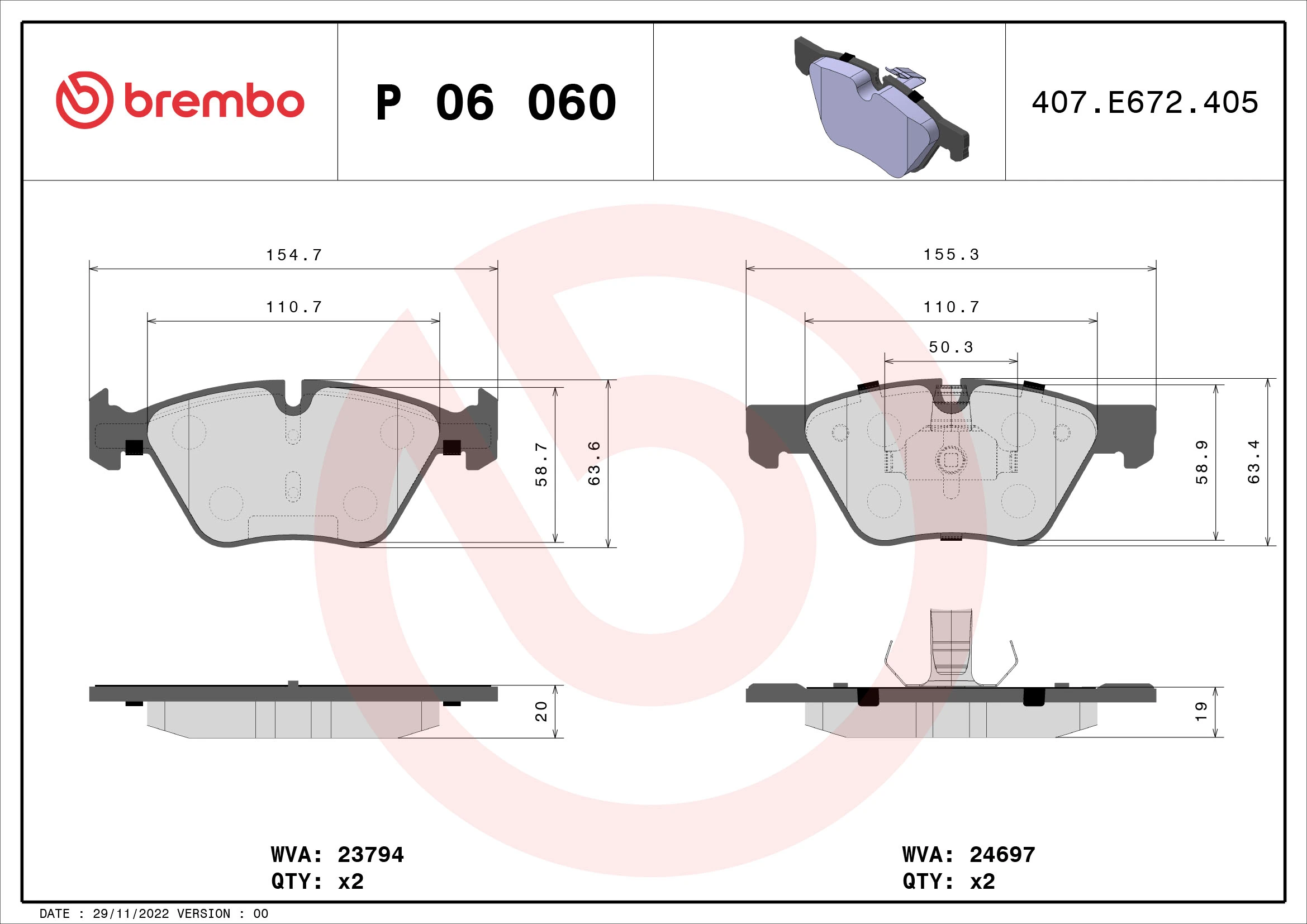 Kit de plaquettes de frein, frein à disque BREMBO P 06 060