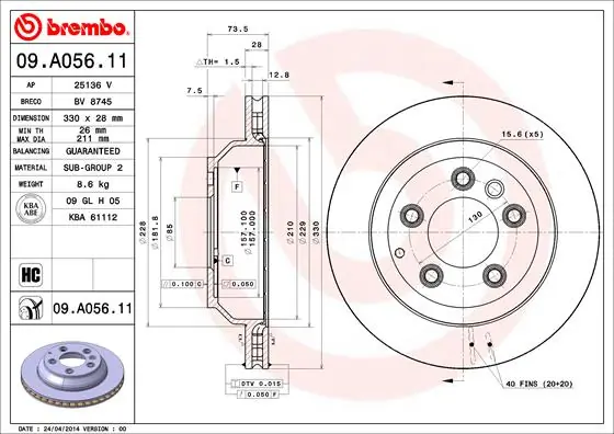 Disque de frein BREMBO 09.A056.11