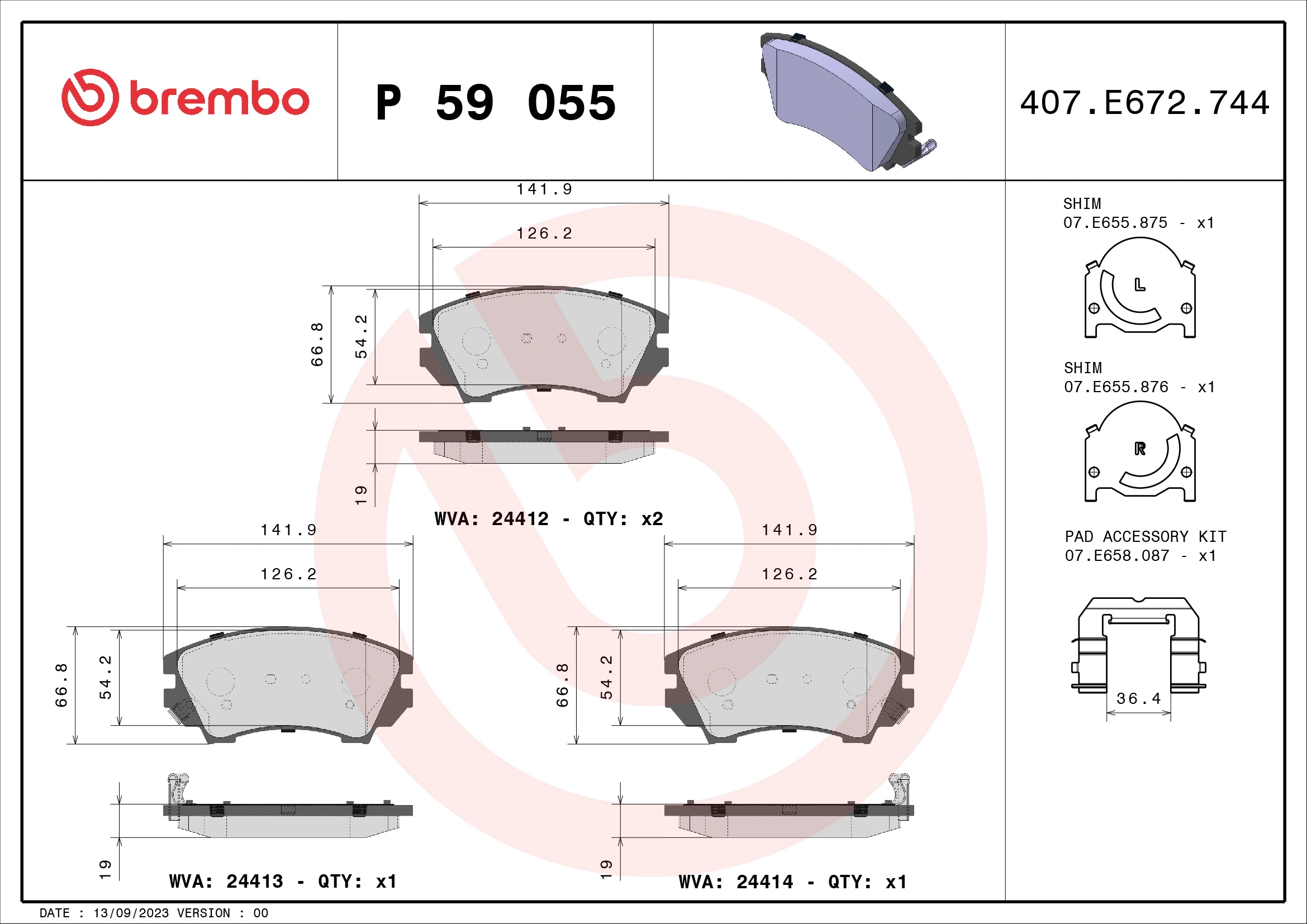 Kit de plaquettes de frein, frein à disque BREMBO P 59 055X