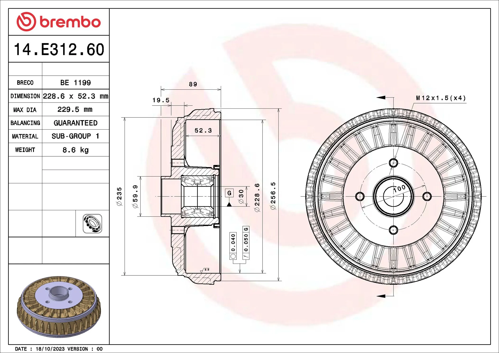 Tambour de frein BREMBO 14.E312.60