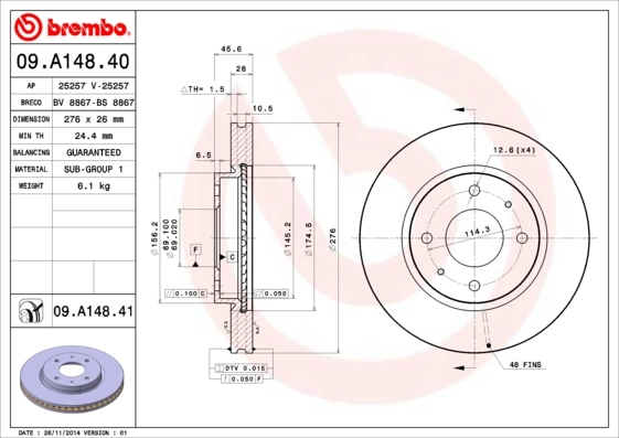 BREMBO 09.A148.41 — Диск гальмівний