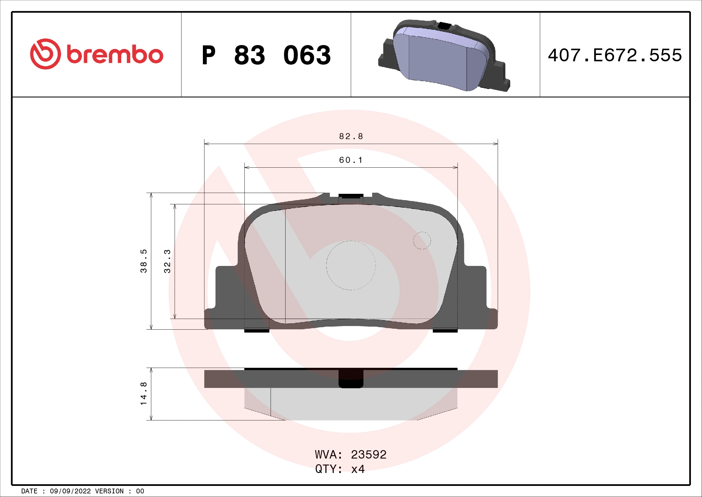 Kit de plaquettes de frein, frein à disque BREMBO P 83 063