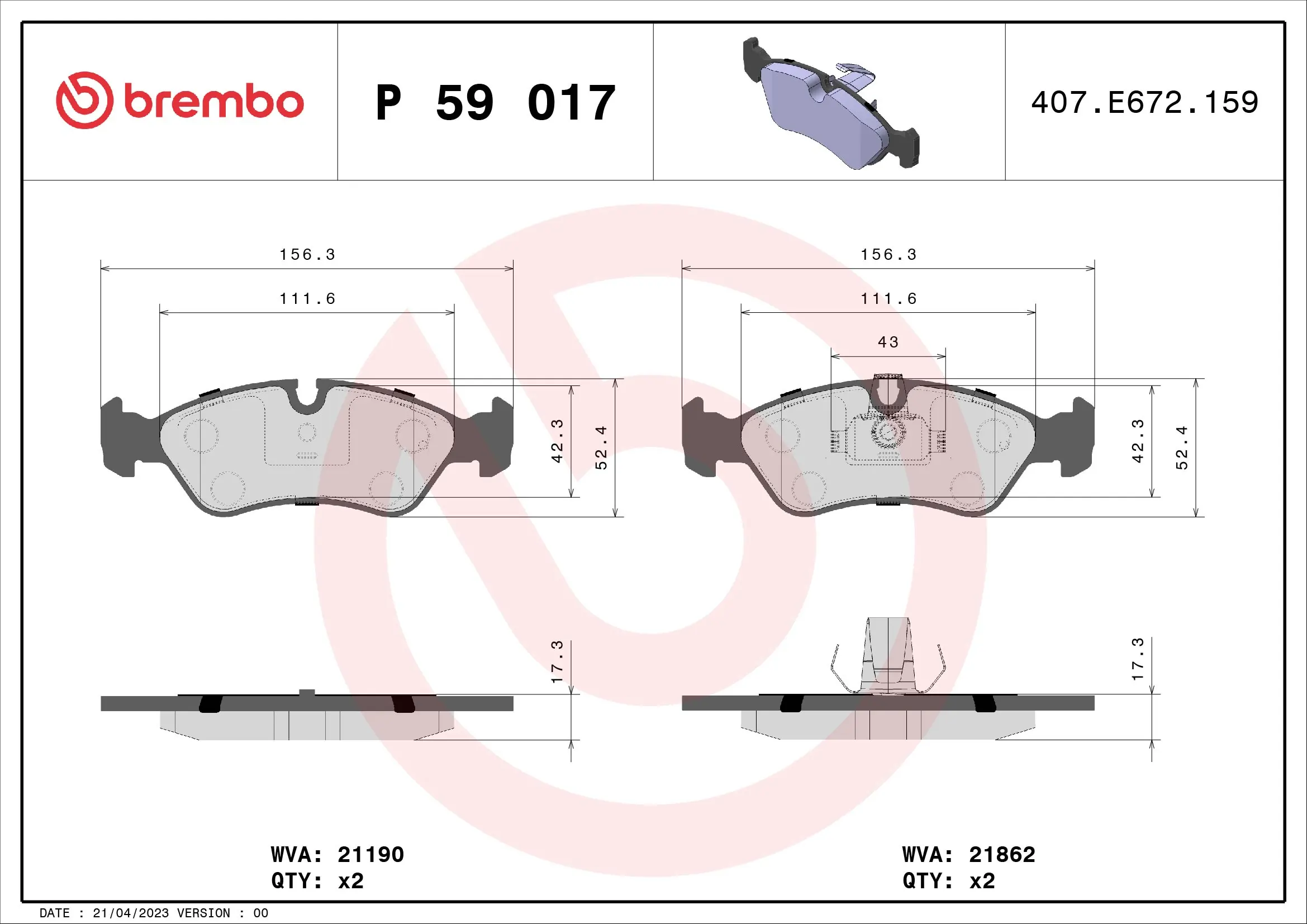 Kit de plaquettes de frein, frein à disque BREMBO P 59 017