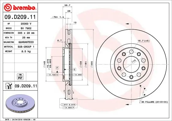 Disque de frein BREMBO 09.D209.11
