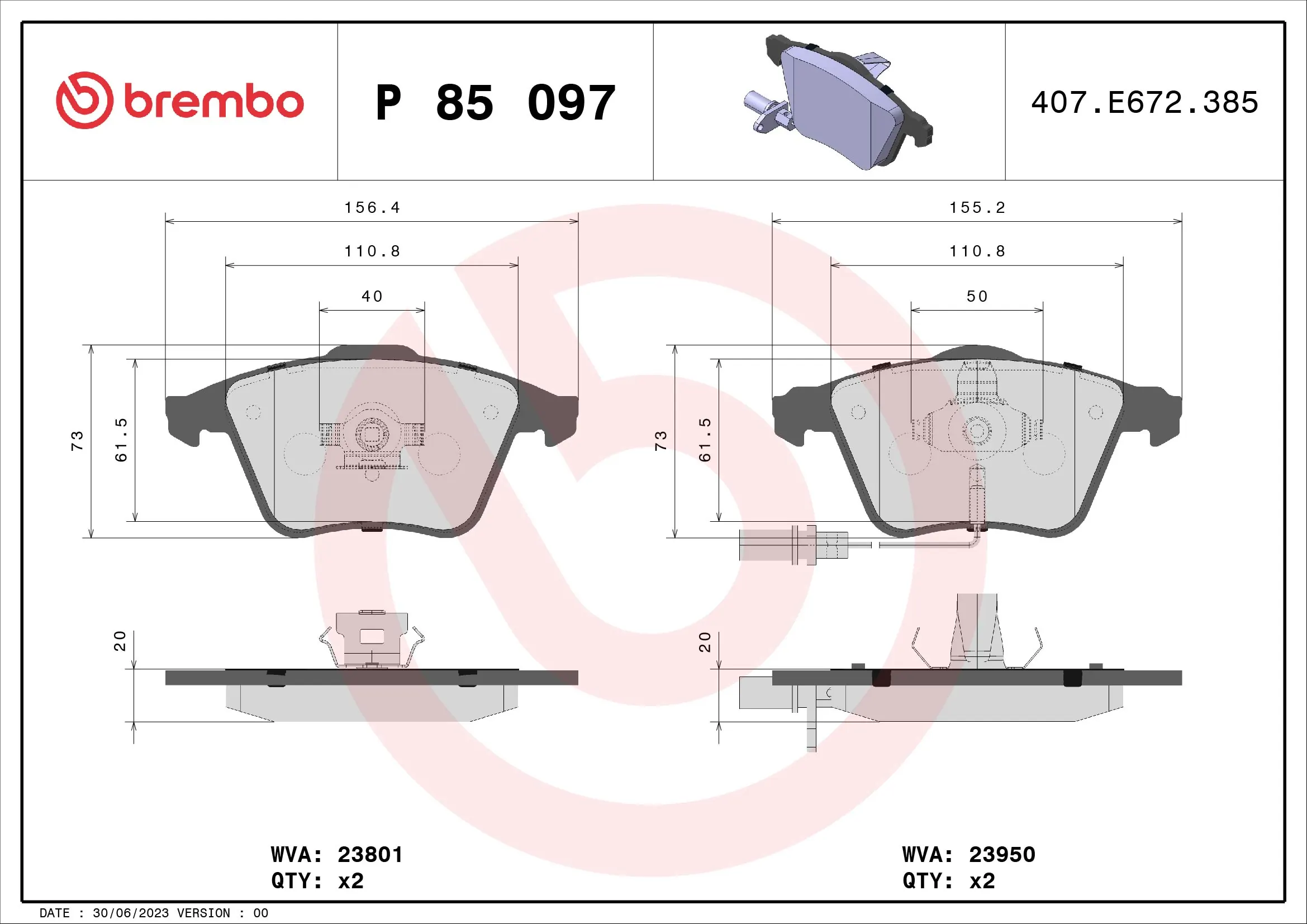 Kit de plaquettes de frein, frein à disque BREMBO P 85 097