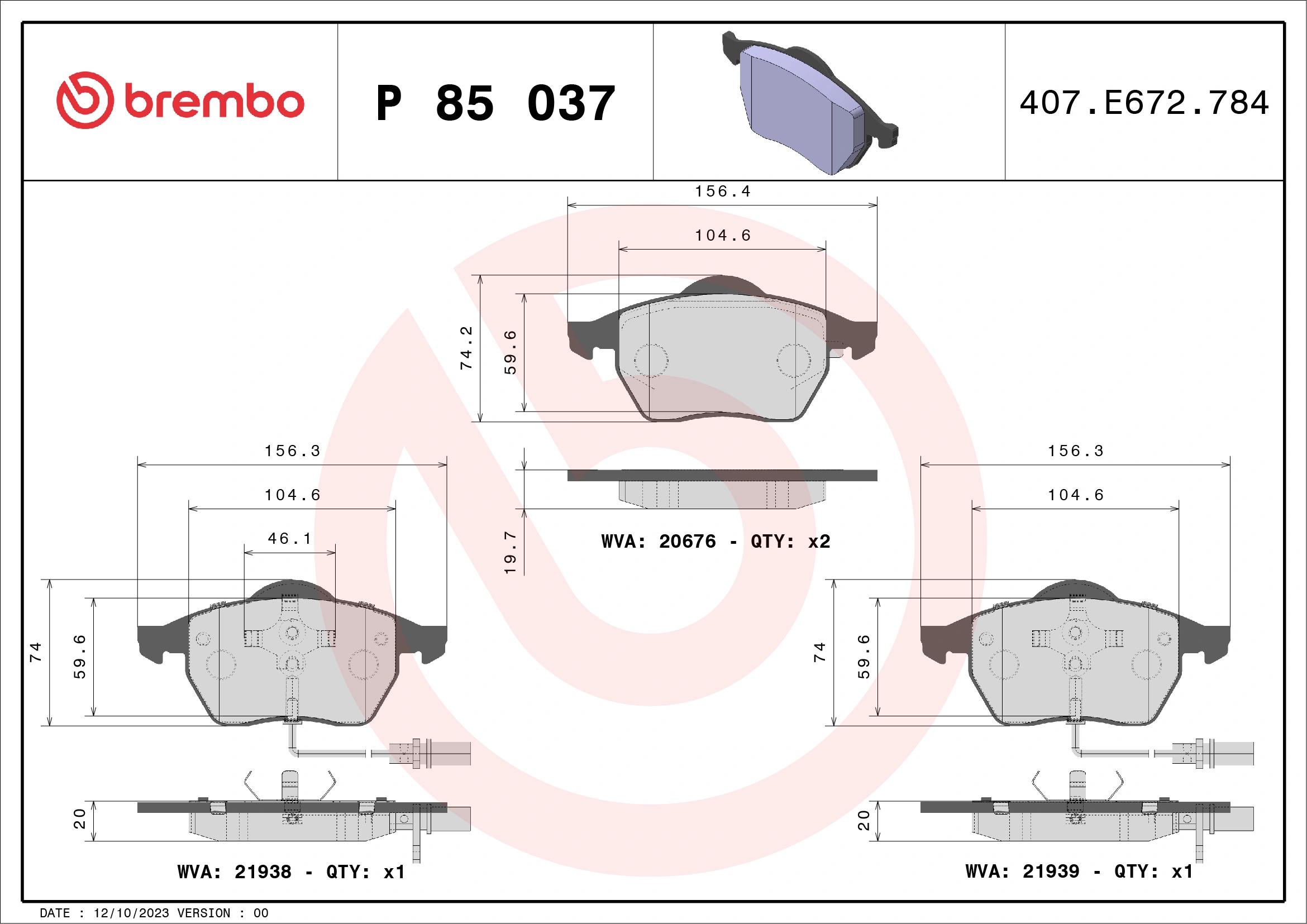 Kit de plaquettes de frein, frein à disque BREMBO P 85 037X
