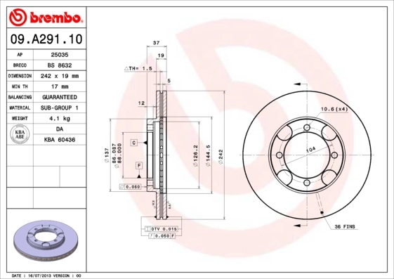 Disque de frein BREMBO 09.A291.10