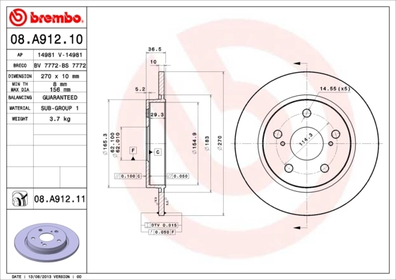 Disque de frein BREMBO 08.A912.11