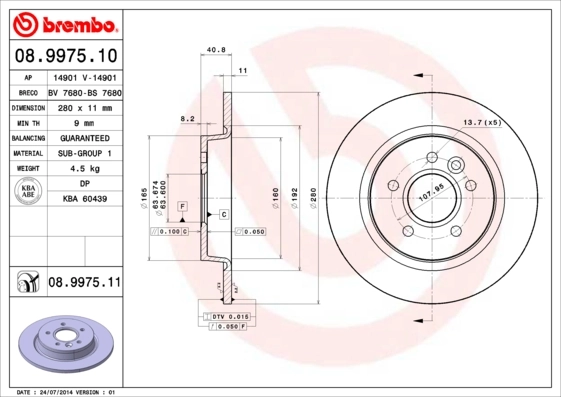 BREMBO 08.9975.11 — Диск гальмівний