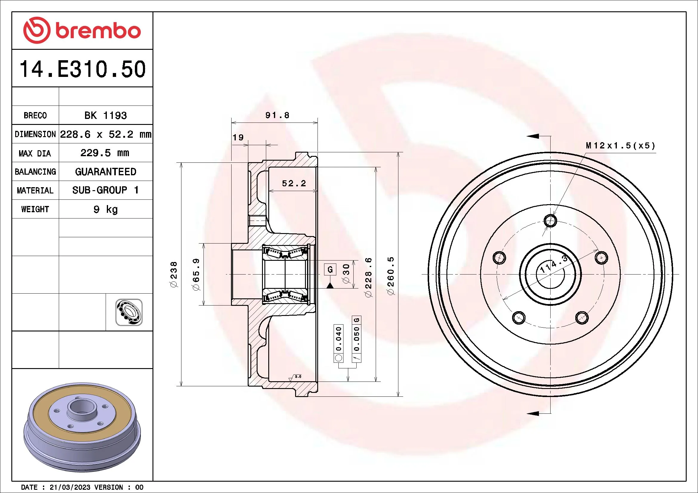Tambour de frein BREMBO 14.E310.50