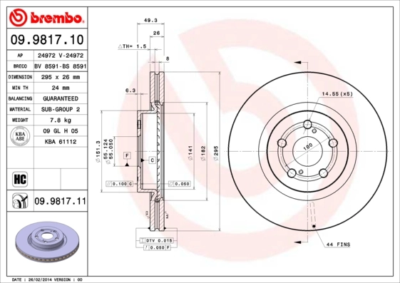 BREMBO 09.9817.10 — Диск гальмівний передн. (вир-во BREMBO)