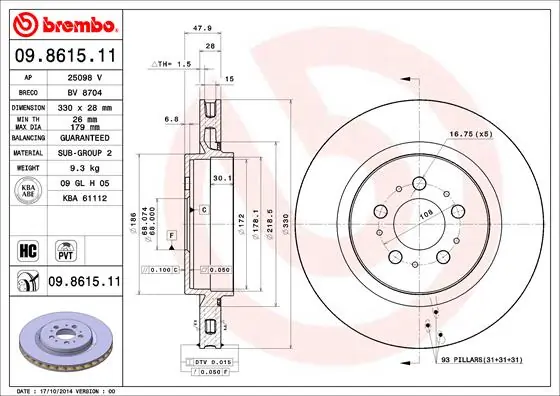 Disque de frein BREMBO 09.8615.11