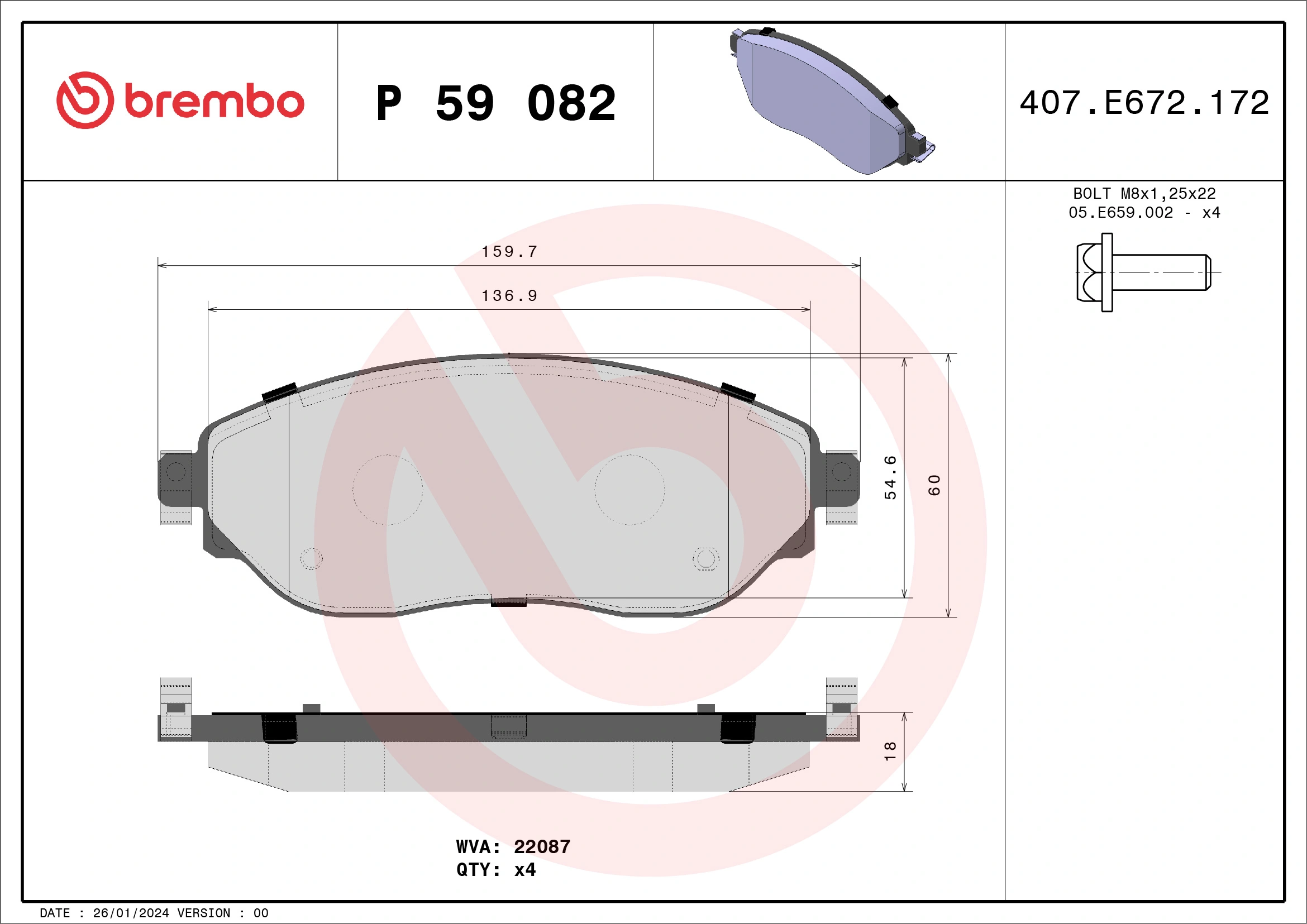 Kit de plaquettes de frein, frein à disque BREMBO P 59 082