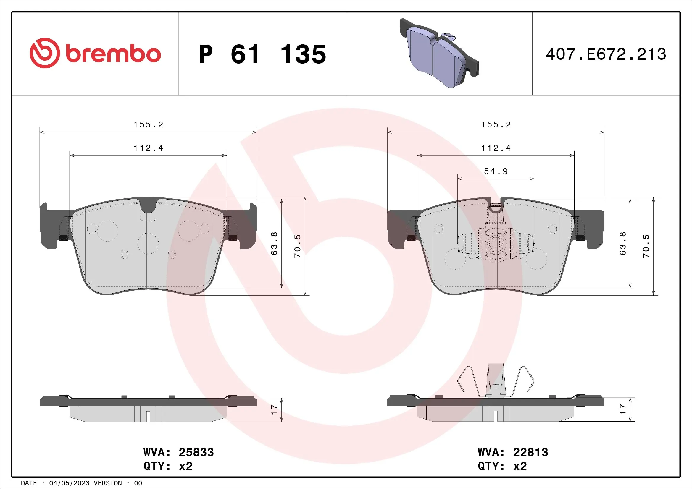 Kit de plaquettes de frein, frein à disque BREMBO P 61 135X