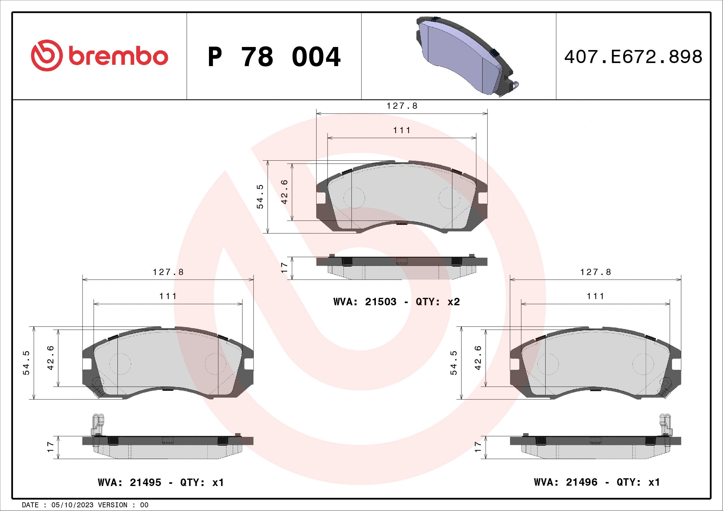 Kit de plaquettes de frein, frein à disque BREMBO P 78 004