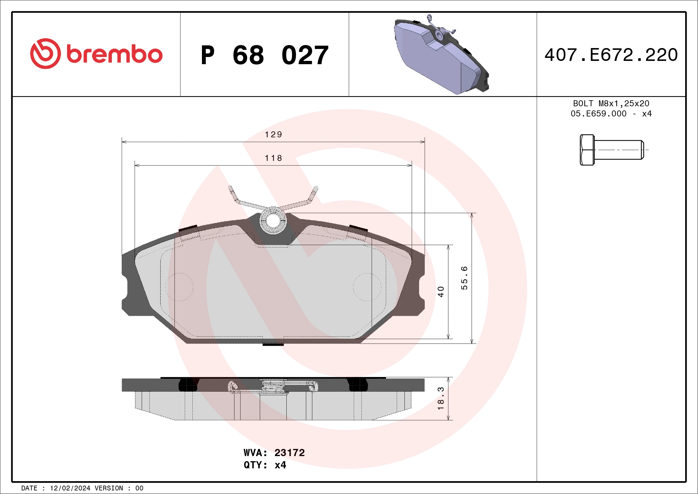 Kit de plaquettes de frein, frein à disque BREMBO P 68 027