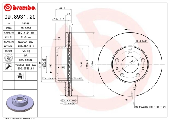 Disque de frein BREMBO 09.8931.21