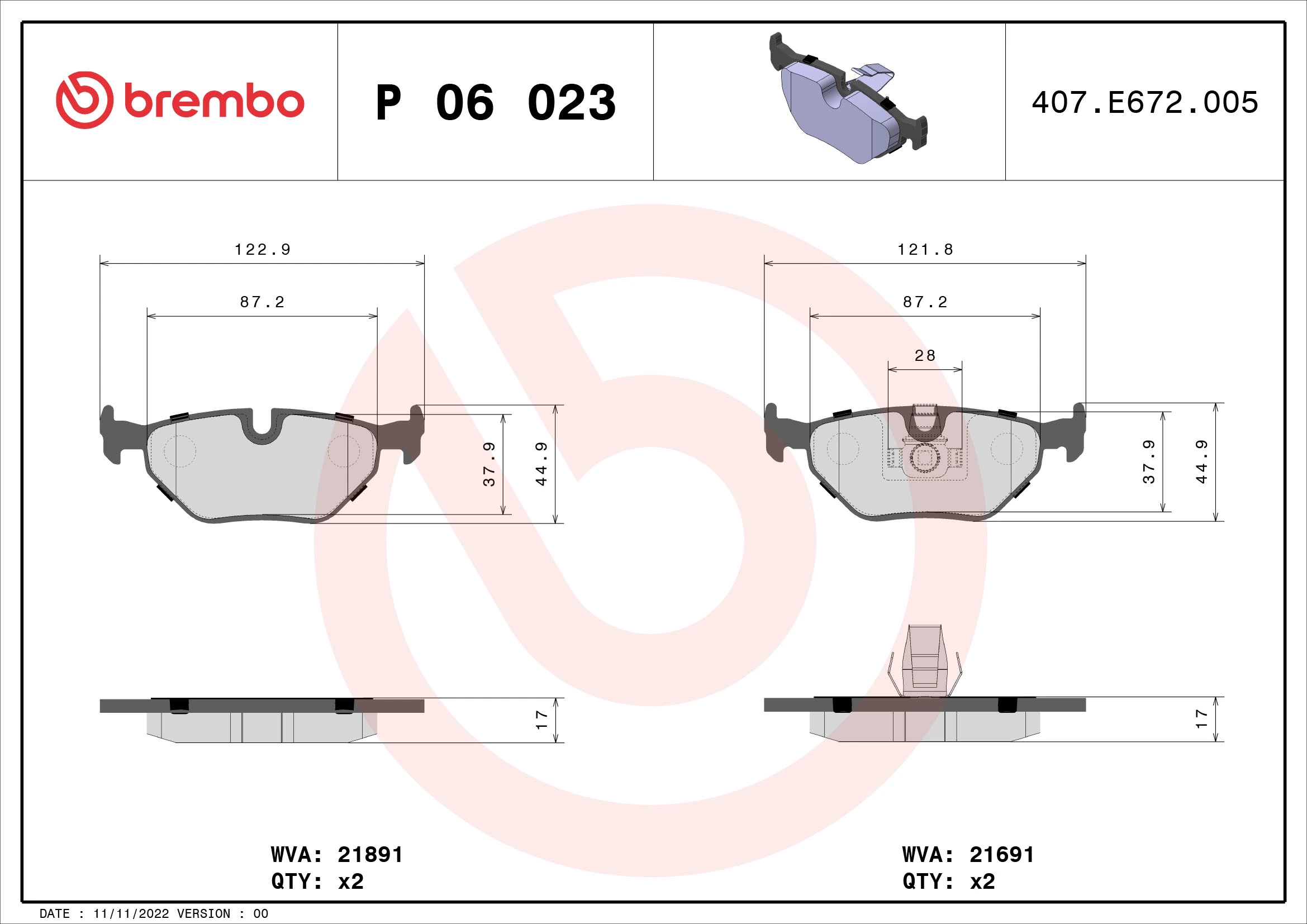 Kit de plaquettes de frein, frein à disque BREMBO P 06 023