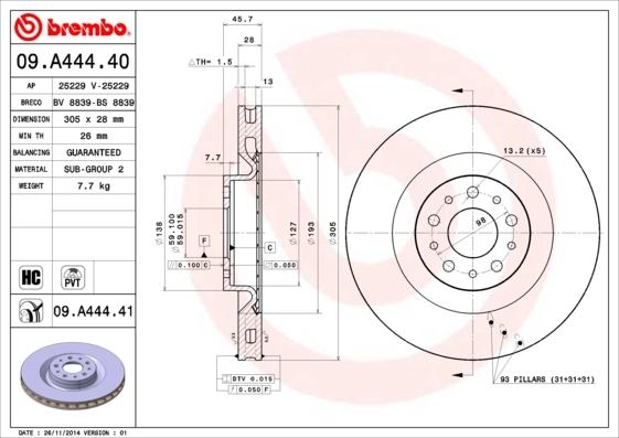 BREMBO 09.A444.41 — Диск гальмівний OPEL COMBO III; FIAT DOBLO III 2010 - передн. (вир-во BREMBO)