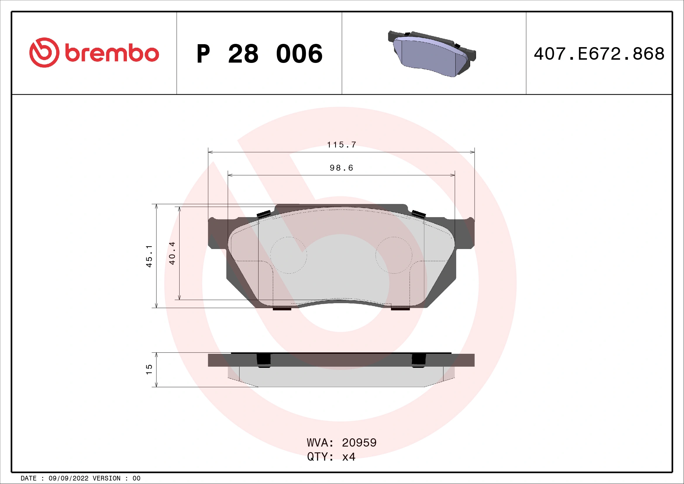 Kit de plaquettes de frein, frein à disque BREMBO P 28 006