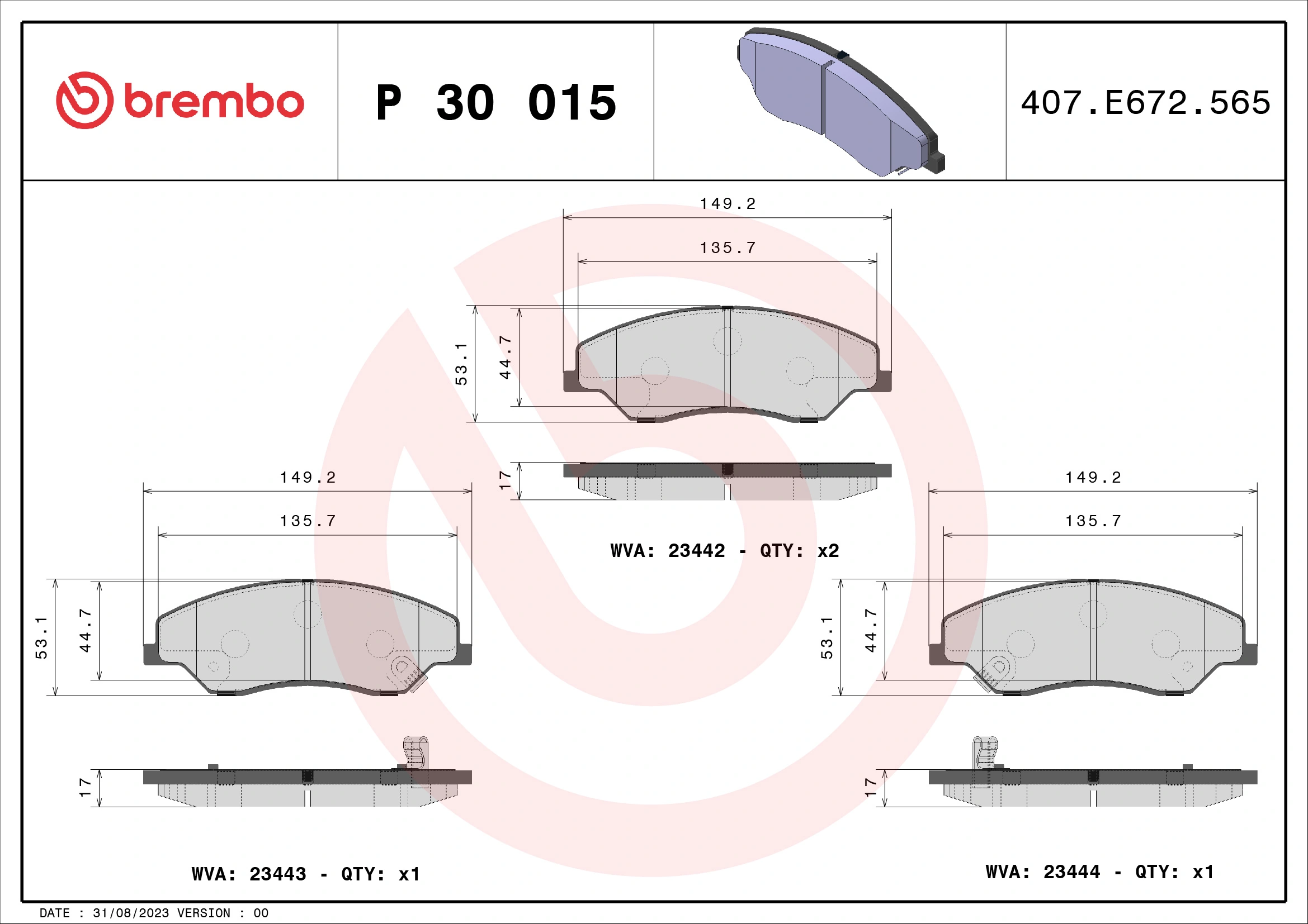 Kit de plaquettes de frein, frein à disque BREMBO P 30 015