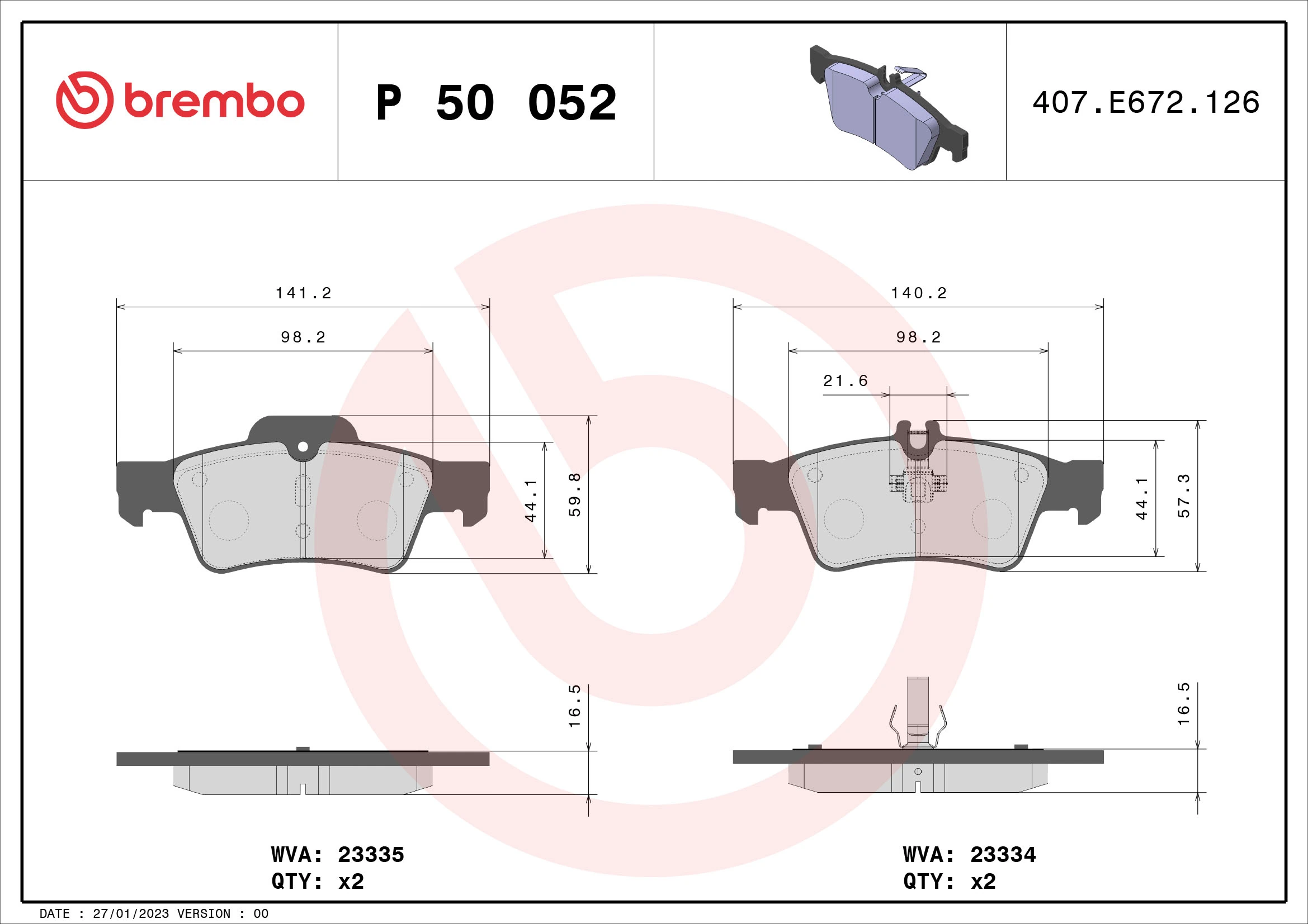 BREMBO P 50 052 — Колодка гальм. диск. MB C-CLASS (W203, S203), CLS (C219), E-CLASS задн. (вир-во BREMBO)