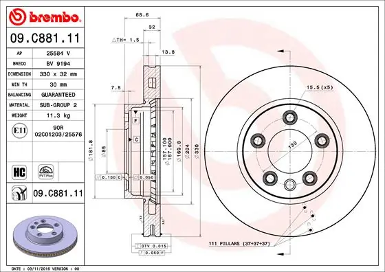 Disque de frein BREMBO 09.C881.11