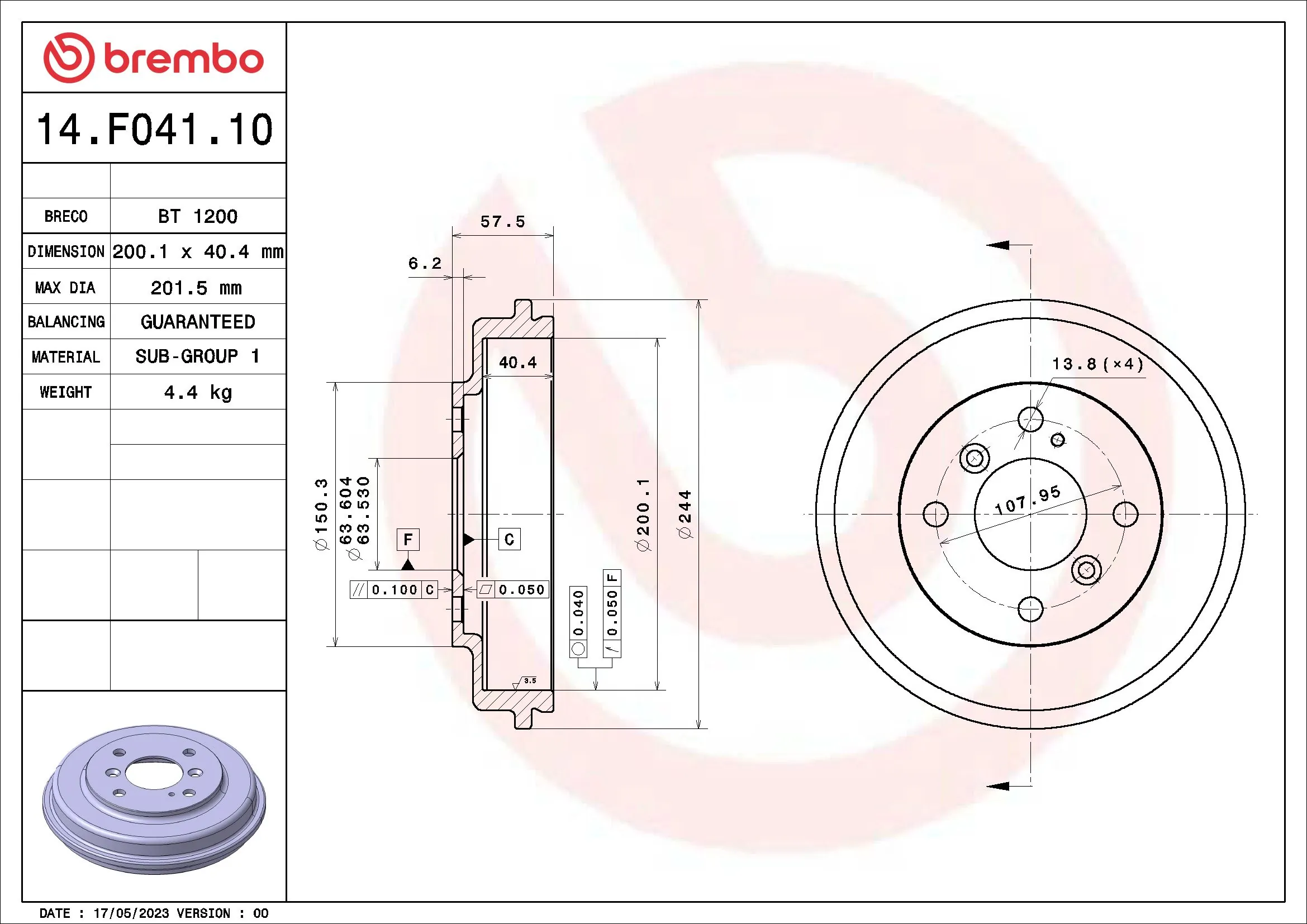 Tambour de frein BREMBO 14.F041.10