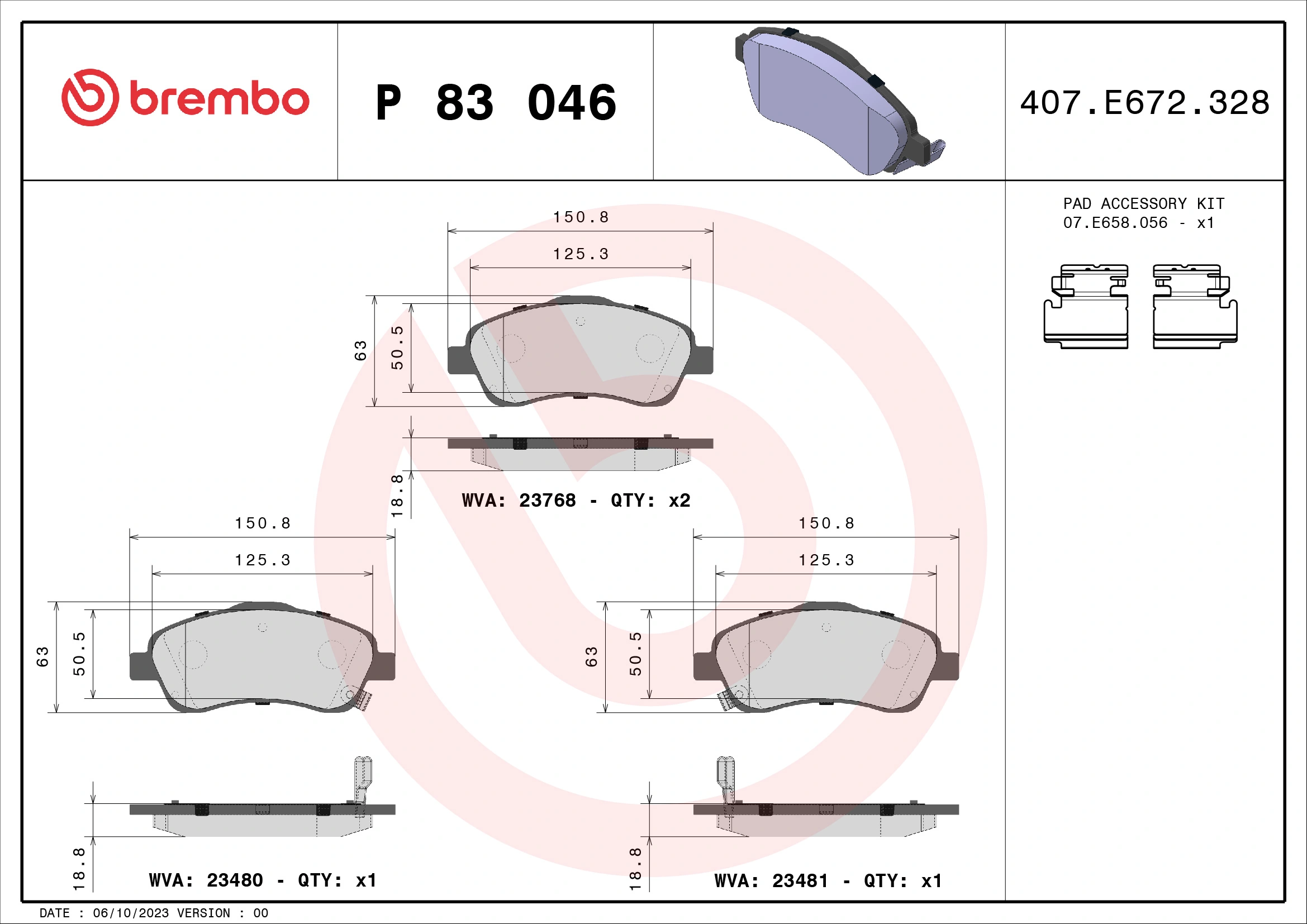 BREMBO P 83 046 — Колодка гальм. диск. TOYOTA AVENSIS (T25), COROLLA V передн. (вир-во BREMBO)