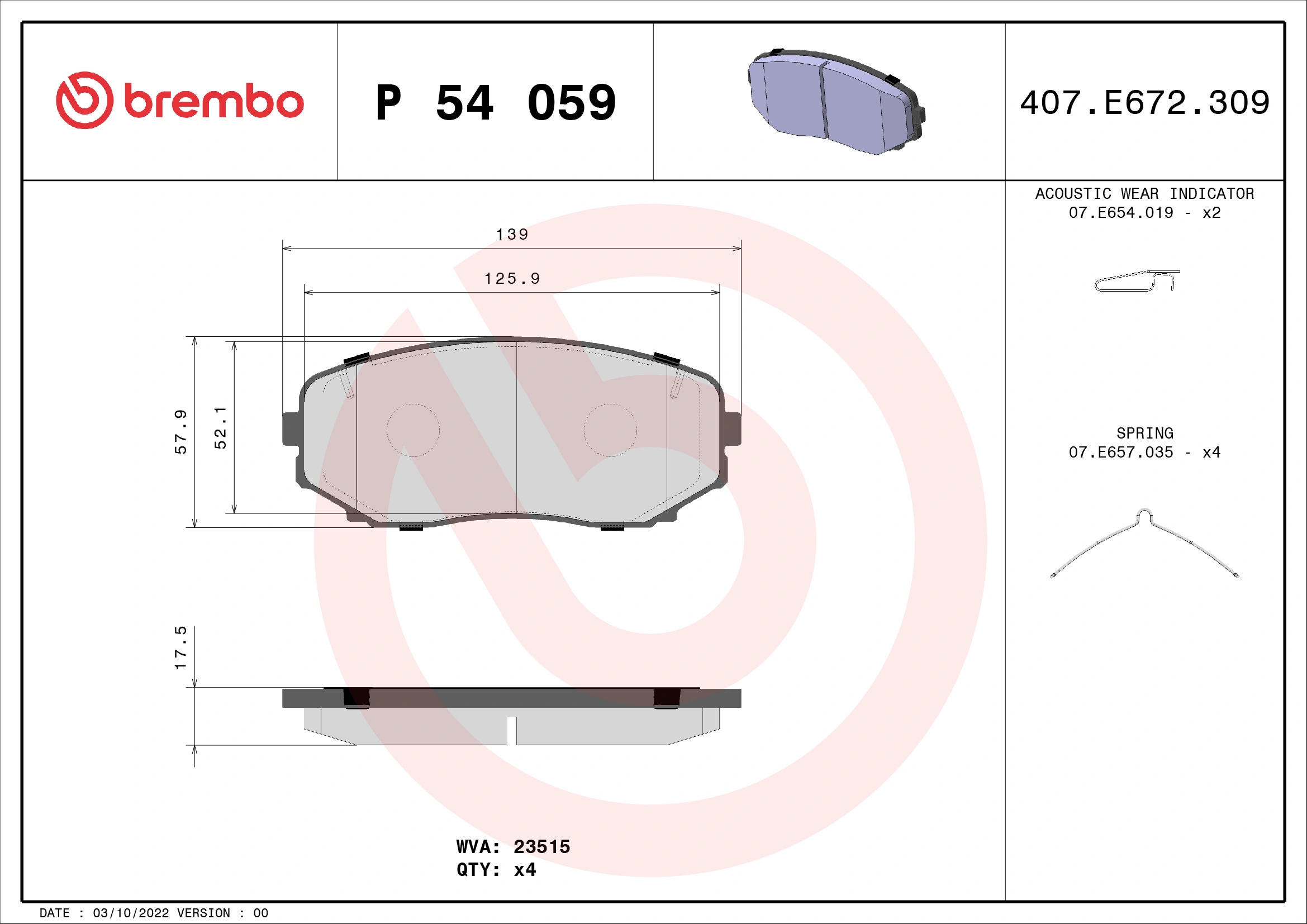 Kit de plaquettes de frein, frein à disque BREMBO P 54 059