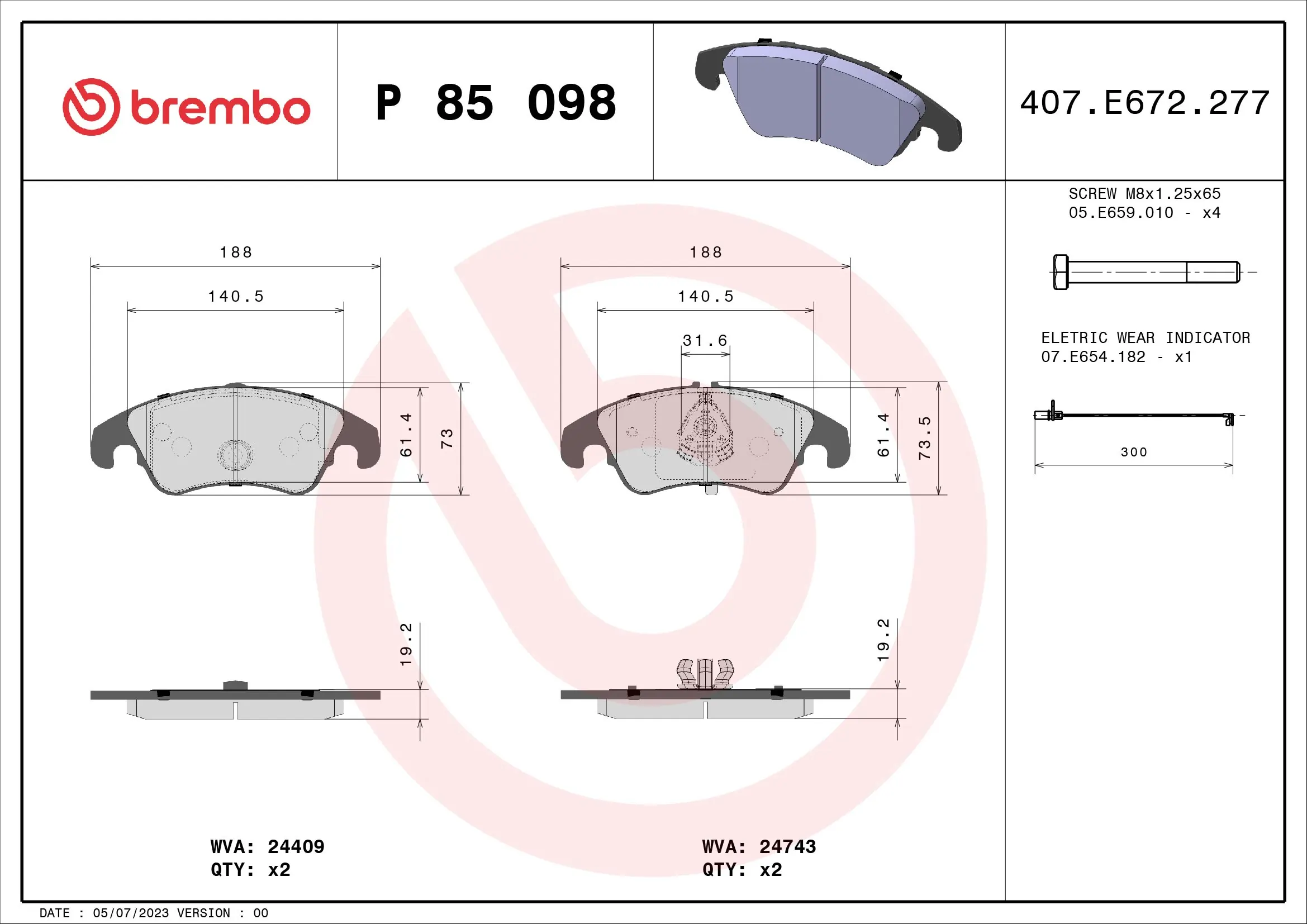 Kit de plaquettes de frein, frein à disque BREMBO P 85 098X