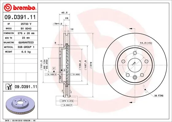 Disque de frein BREMBO 09.D391.11