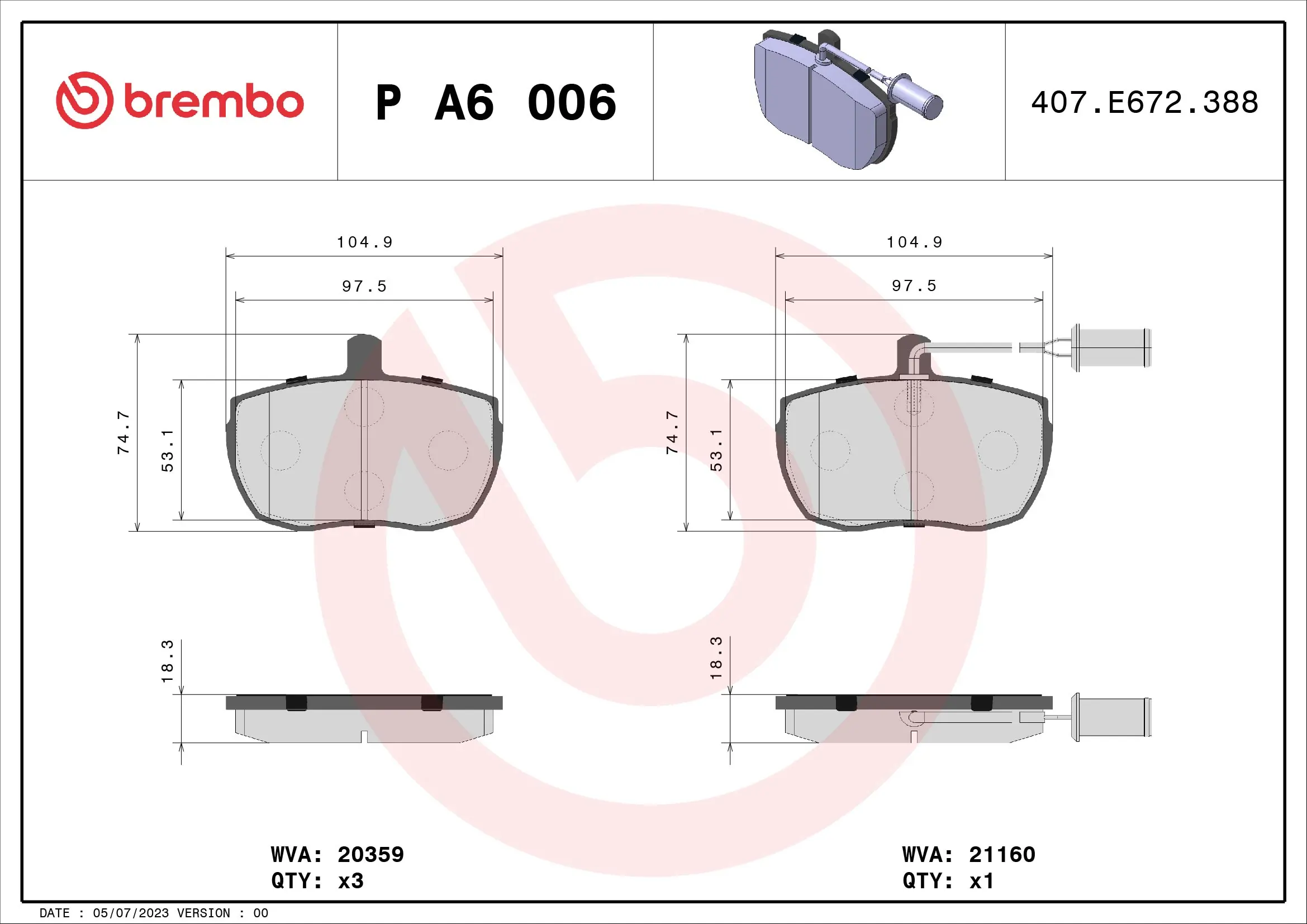 Kit de plaquettes de frein, frein à disque BREMBO P A6 006