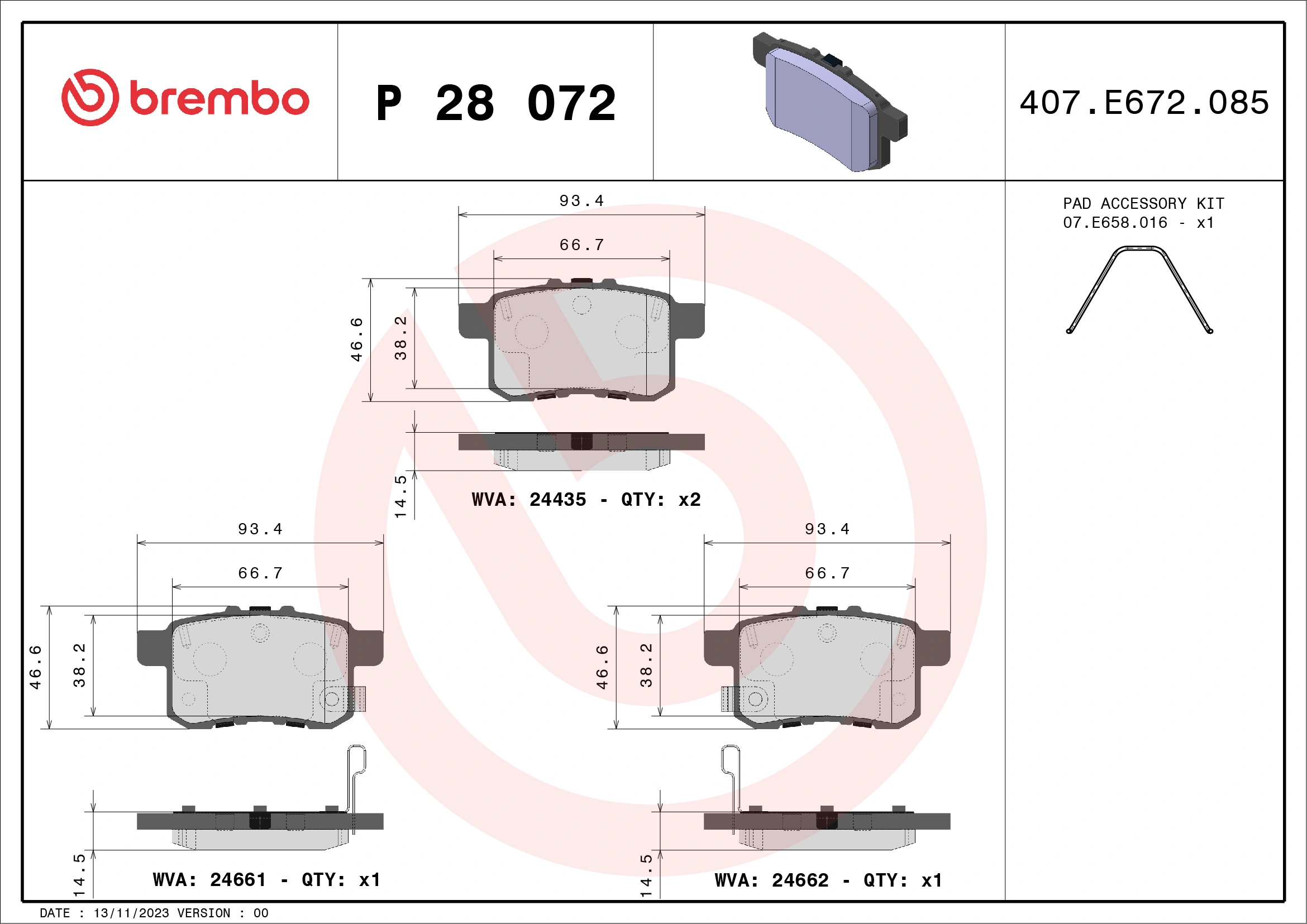 Kit de plaquettes de frein, frein à disque BREMBO P 28 072