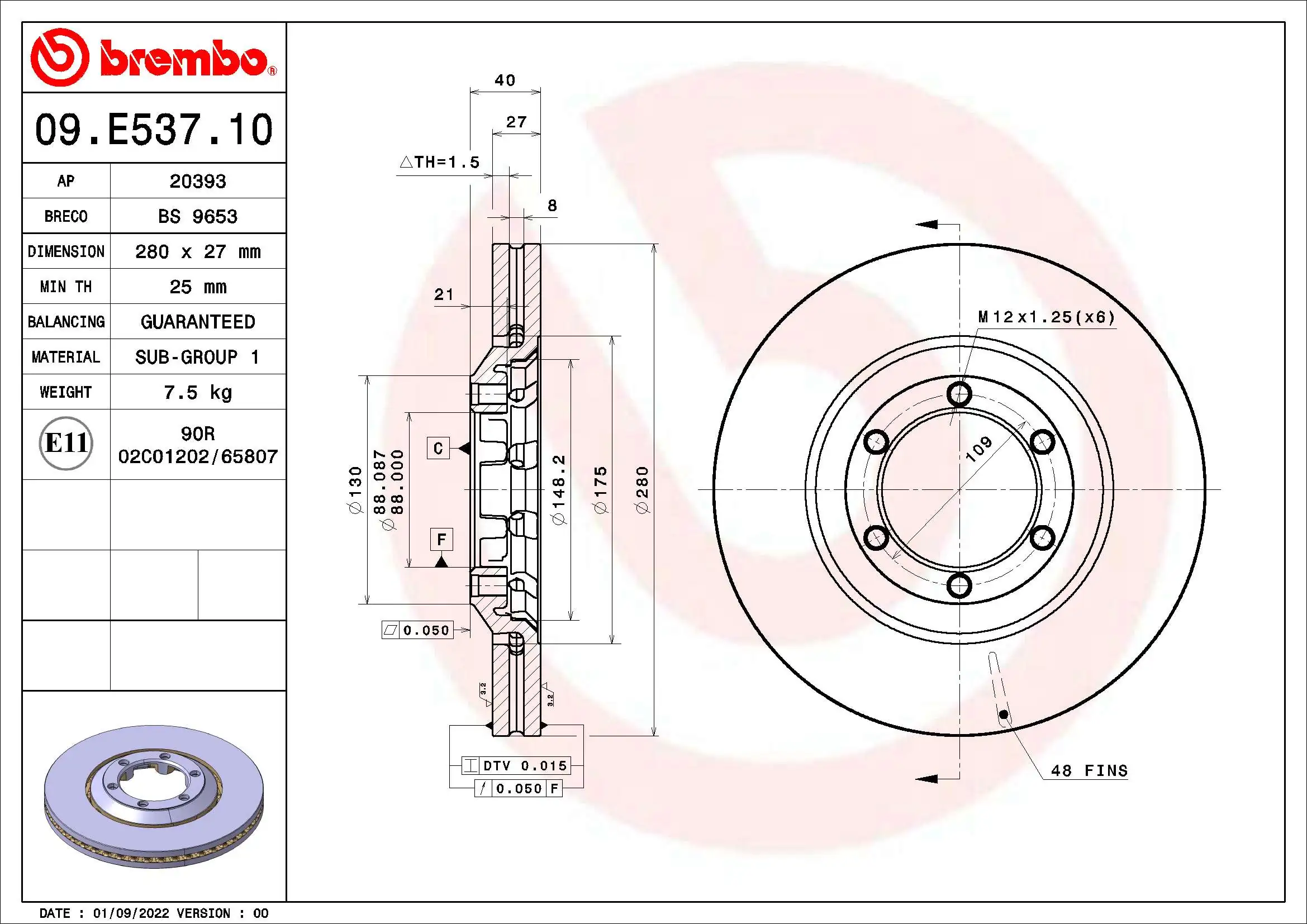 Disque de frein BREMBO 09.E537.10