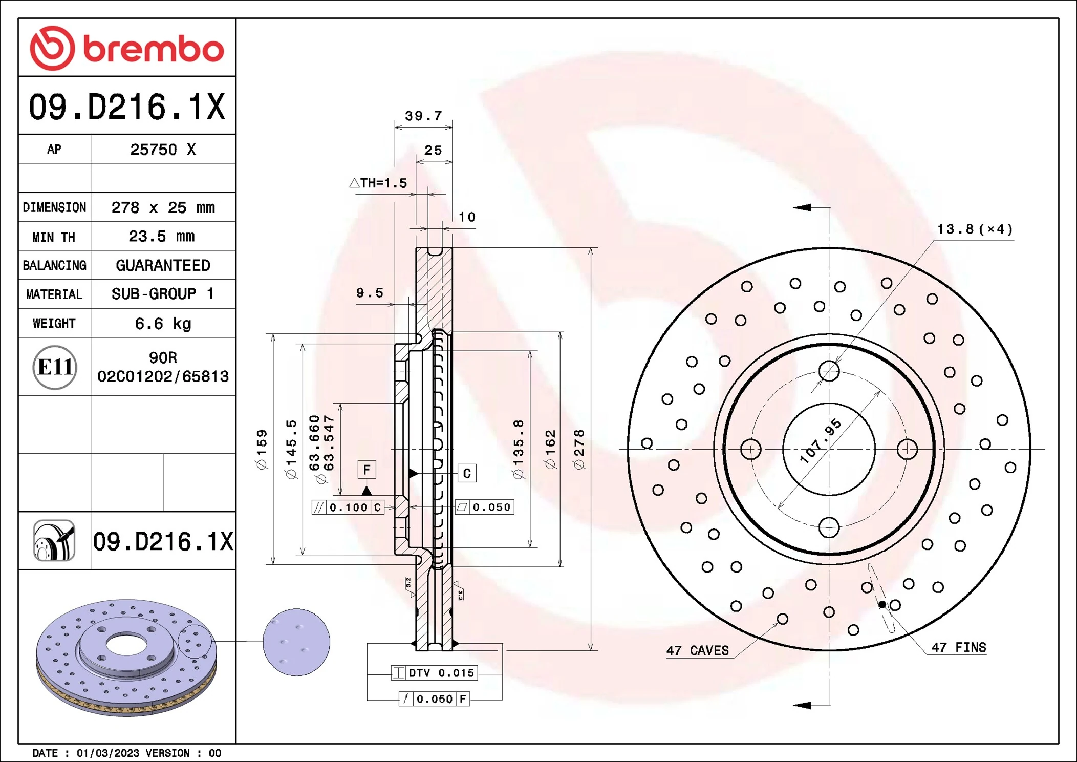 Disque de frein BREMBO 09.D216.1X