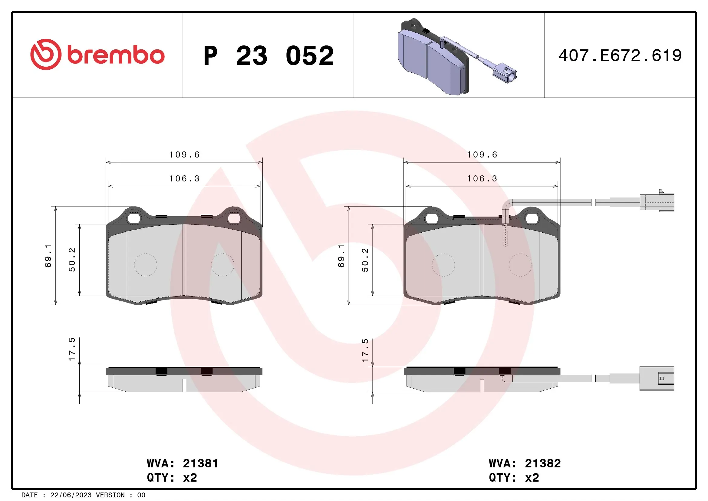Kit de plaquettes de frein, frein à disque BREMBO P 23 052