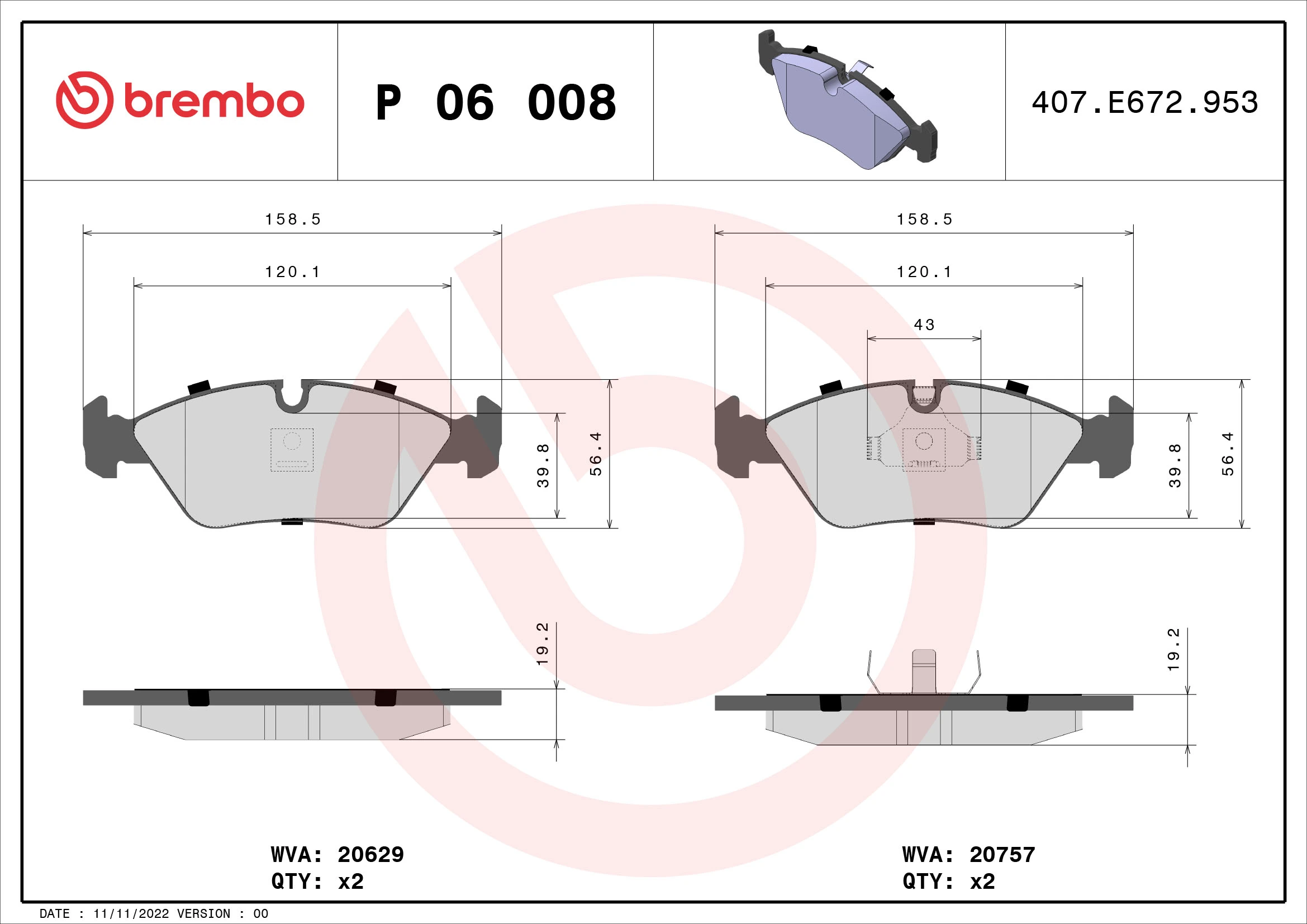 Kit de plaquettes de frein, frein à disque BREMBO P 06 008
