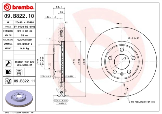 Disque de frein BREMBO 09.B822.11
