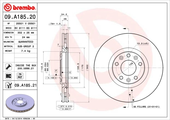 Disque de frein BREMBO 09.A185.21