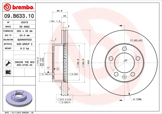 BREMBO 09.B633.10 — Диск гальмівний RENAULT MASTER III 2.3DCI 2010 - передн. (вир-во BREMBO)