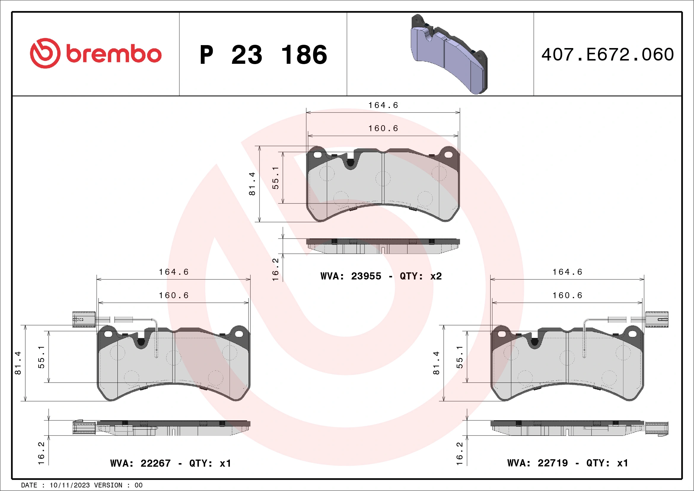 Kit de plaquettes de frein, frein à disque BREMBO P 23 186