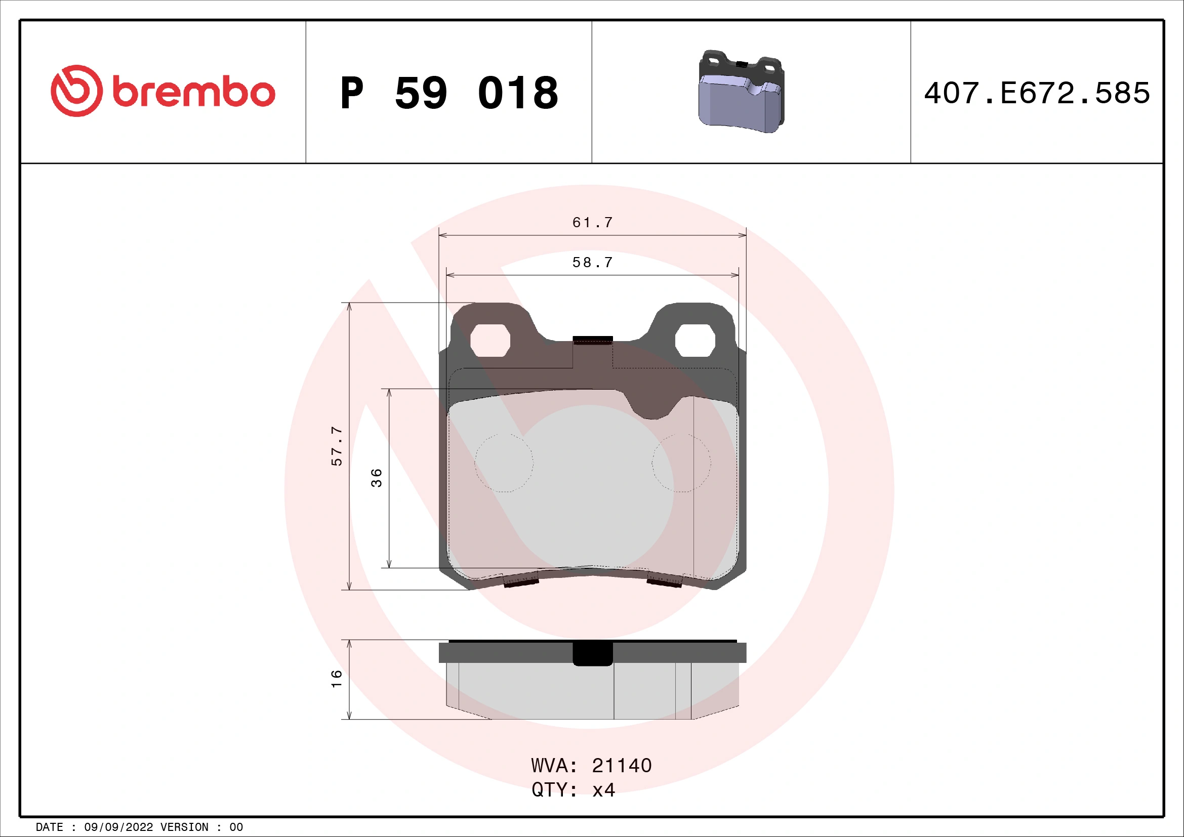 Kit de plaquettes de frein, frein à disque BREMBO P 59 018