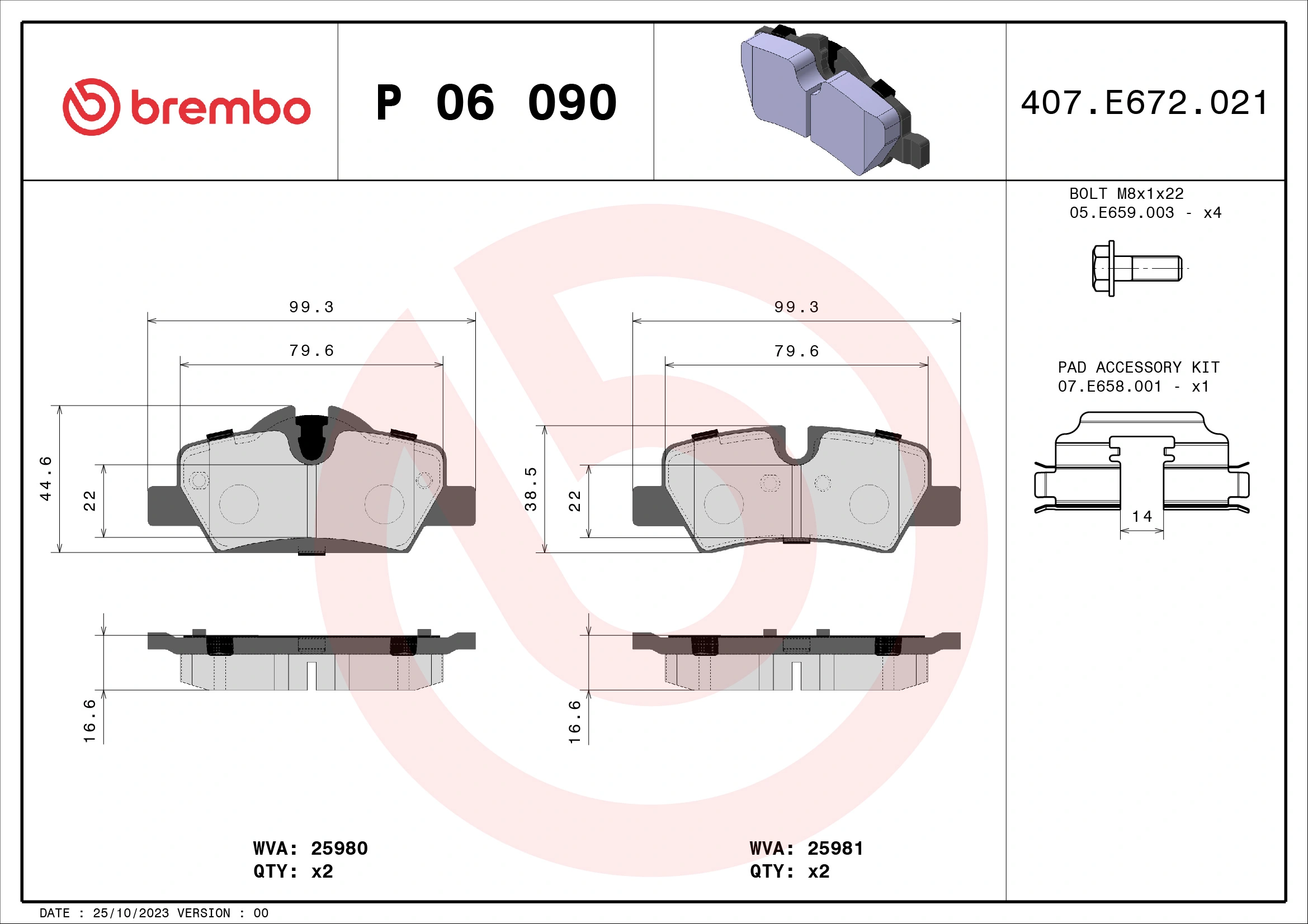 Kit de plaquettes de frein, frein à disque BREMBO P 06 090