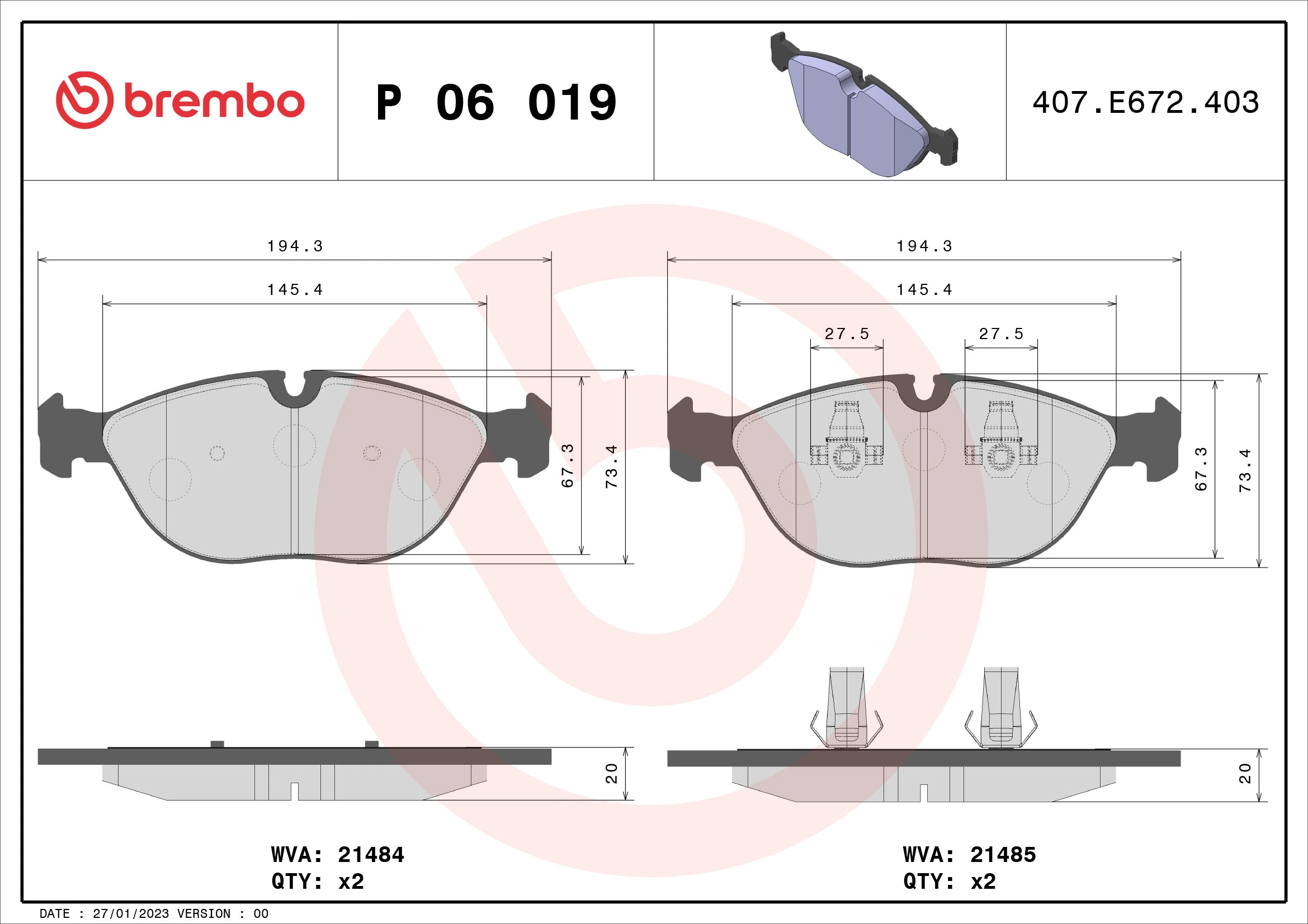 Kit de plaquettes de frein, frein à disque BREMBO P 06 019